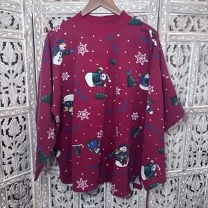 Vintage Holiday Time Sweatshirt Womens XL Red Snowmen Pine Trees Snowflakes 90s